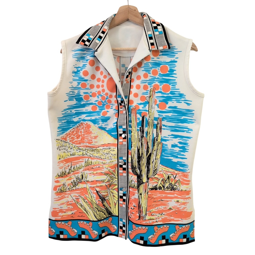 Vintage 60-70s Desert Landscape Saguaro Cactus Sleeveless Top Large Southwestern